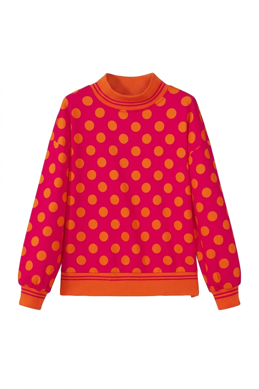 Women's Rose Polka Dot Sweatshirt, Casual Mock Neck Top - Main View Women's Rose Polka Dot Sweatshirt, Casual Mock Neck Top - Main View