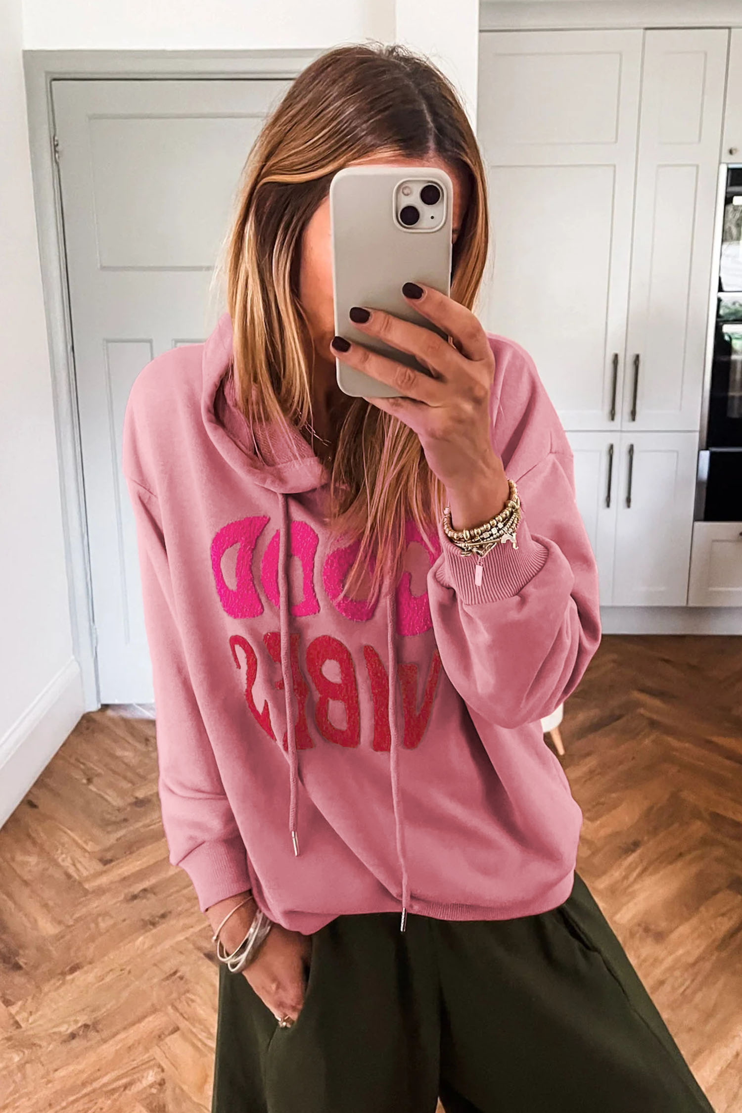 Women's Cotton Blend Hoodie, Good Vibes Graphic Pullover - Detail View 3 Women's Cotton Blend Hoodie, Good Vibes Graphic Pullover - Detail View 3