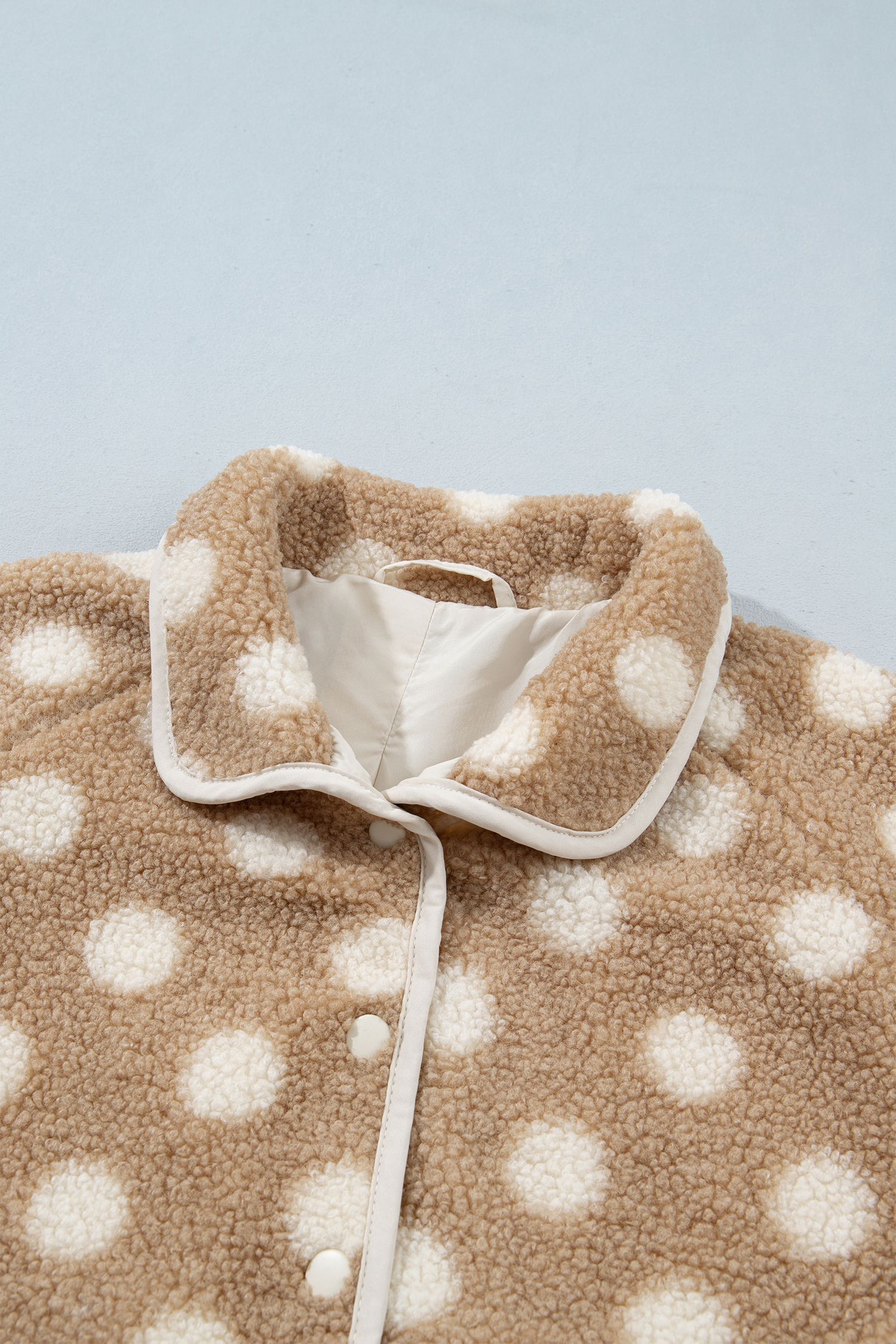 Women's Polka Dot Fleece Jacket, Warm Khaki Sherpa Coat - Detail View 14 Women's Polka Dot Fleece Jacket, Warm Khaki Sherpa Coat - Detail View 14