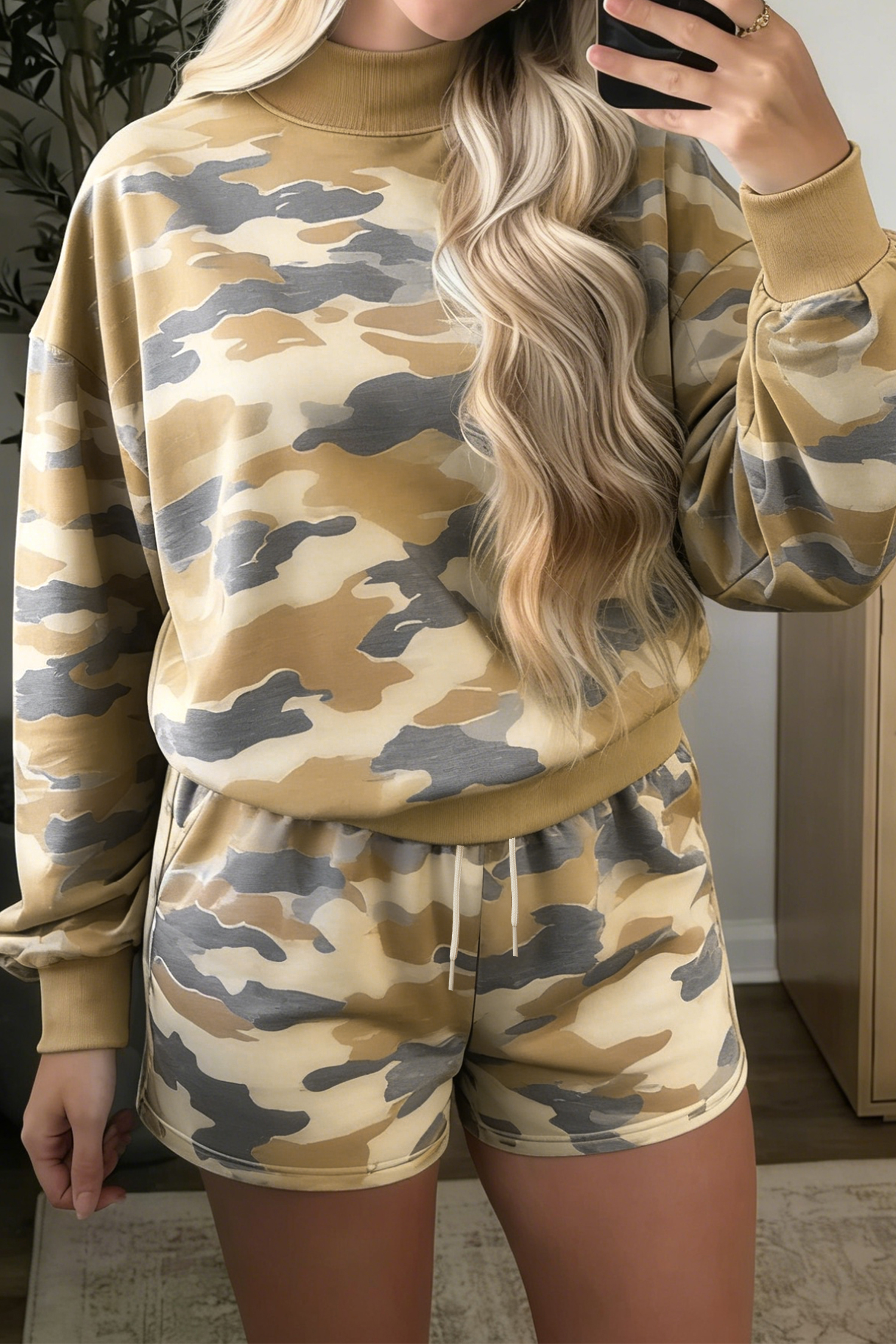 Women's Camo Lounge Set, Cozy High Waisted Shorts - Detail View 3 Women's Camo Lounge Set, Cozy High Waisted Shorts - Detail View 3